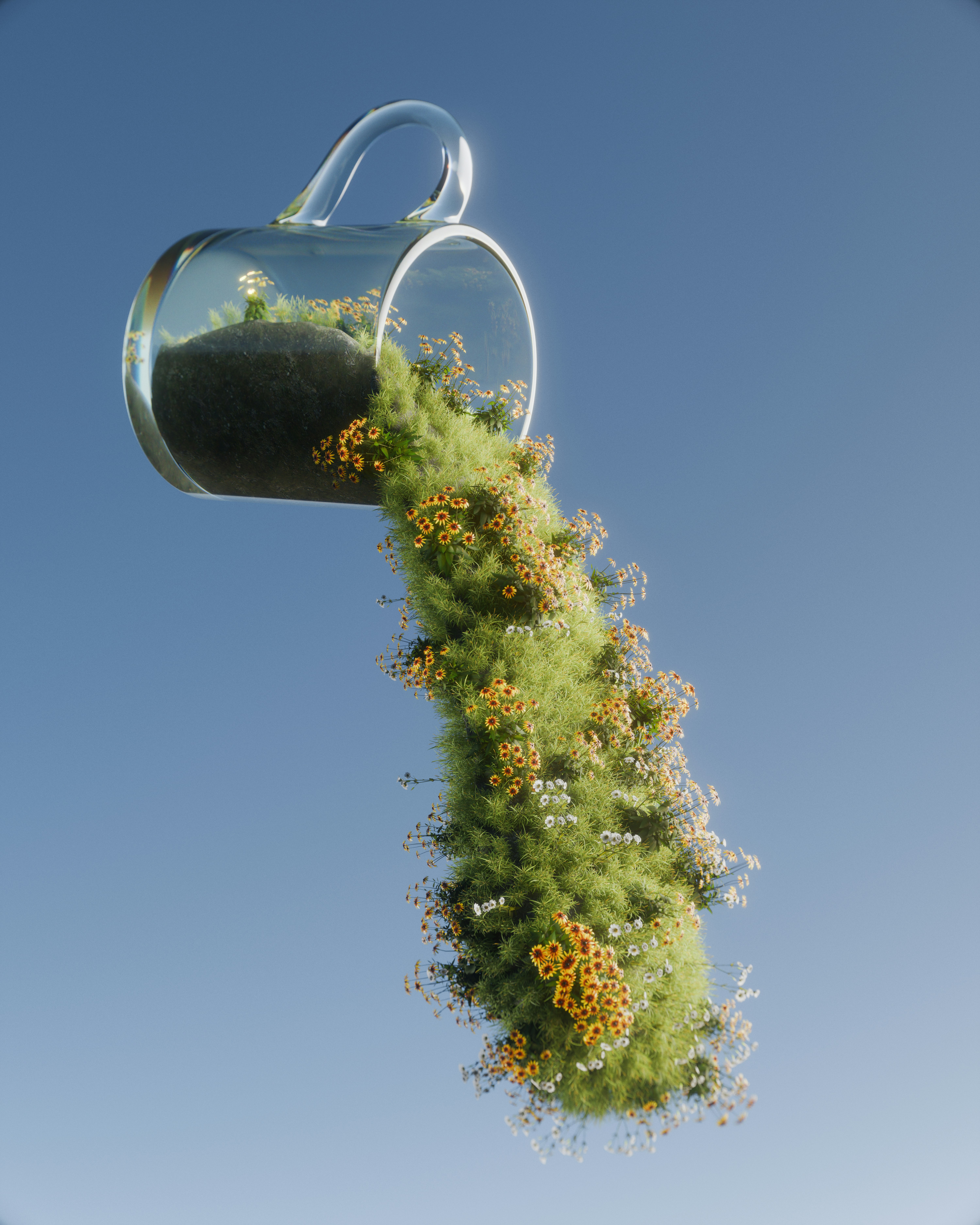 Floating Glass Cup Spills Vibrant Green Grass And Wildflowers. HD mobile wallpaper