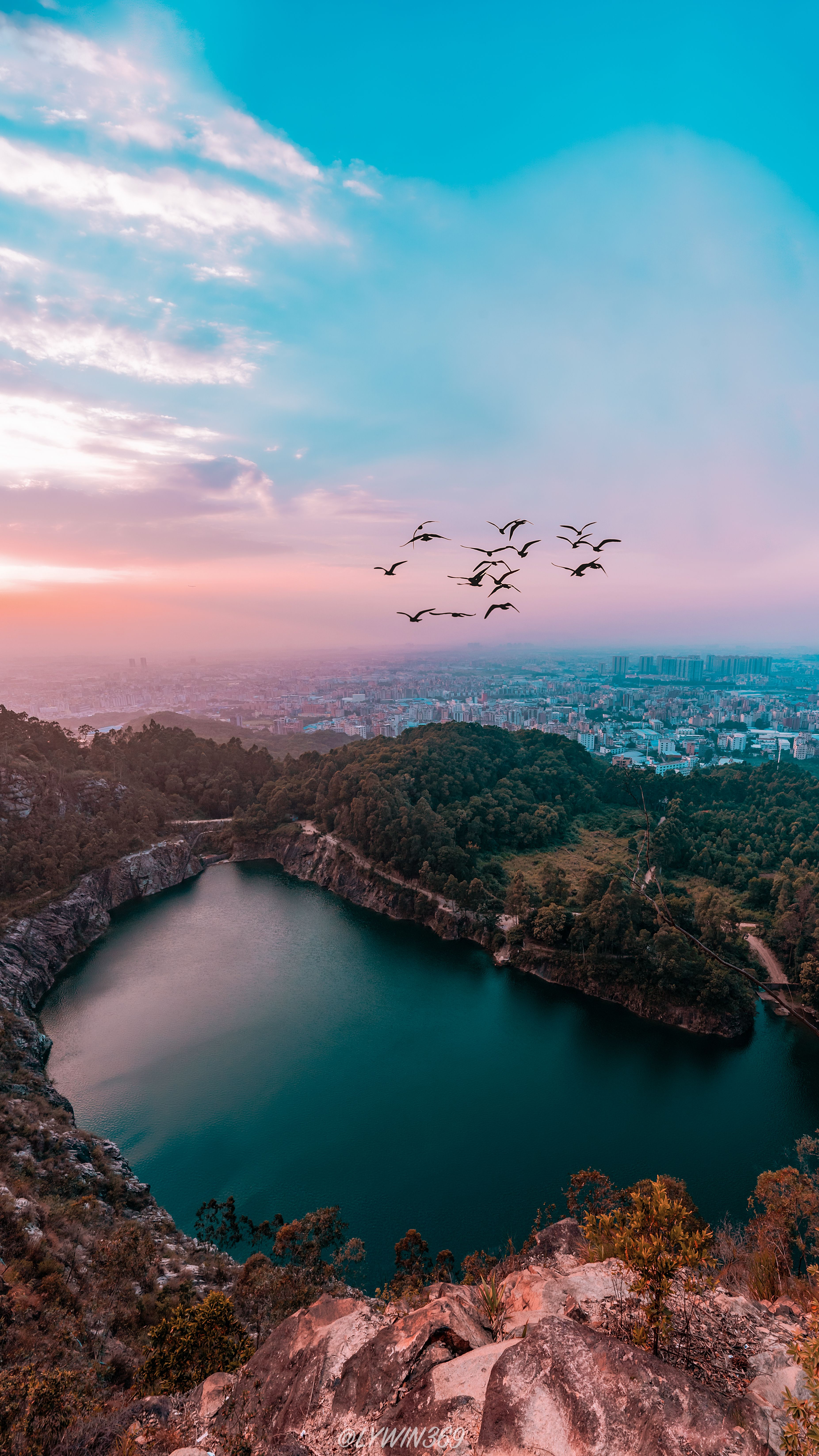Stunning Aerial Photo Capturing Birds Flying Over A Lake With Cityscape And Sunrise In The Background. HD mobile wallpaper