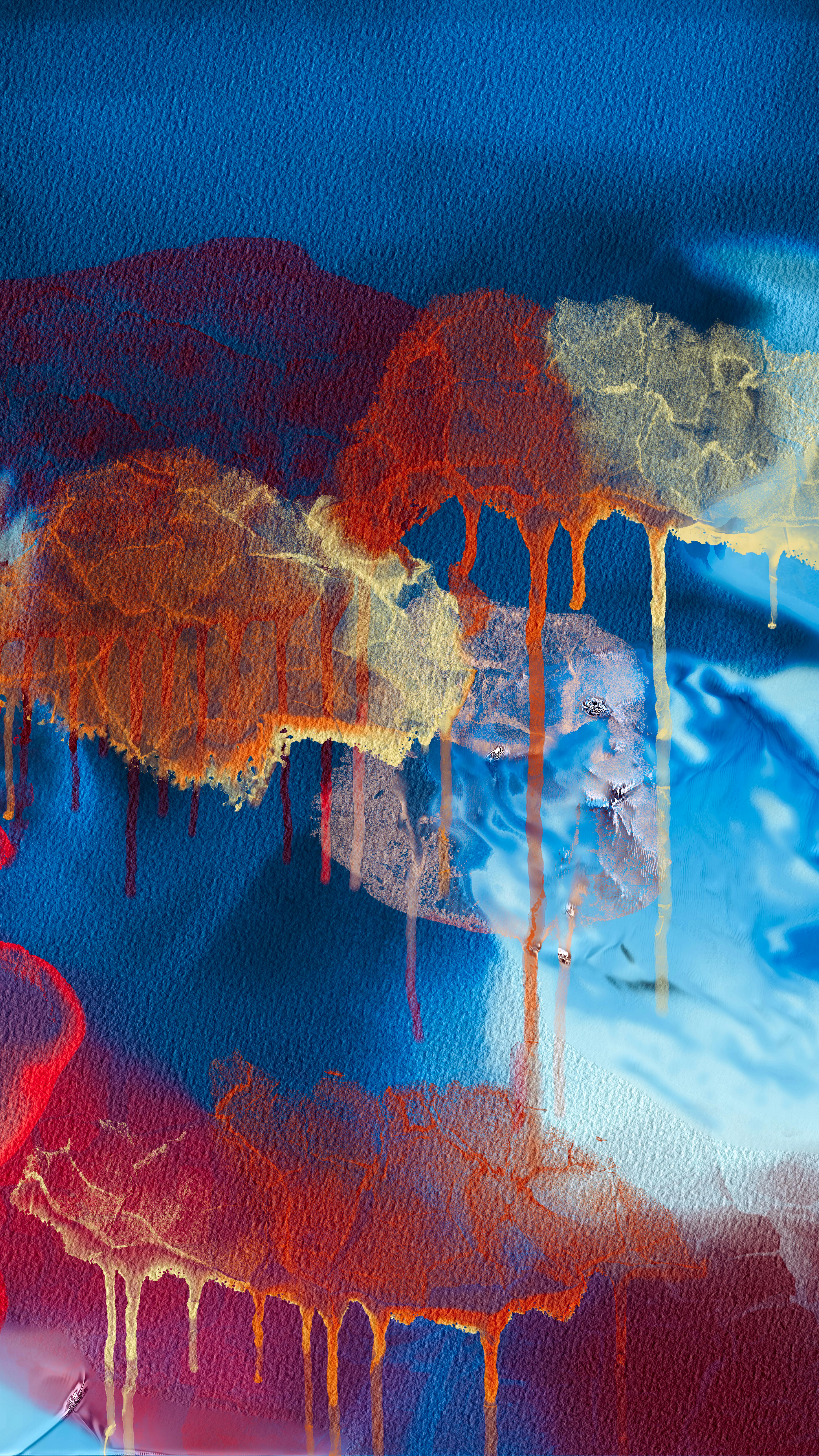 Vivid Abstract Painting With Drips Of Orange, Blue, And Red On Textured Canvas. HD mobile wallpaper