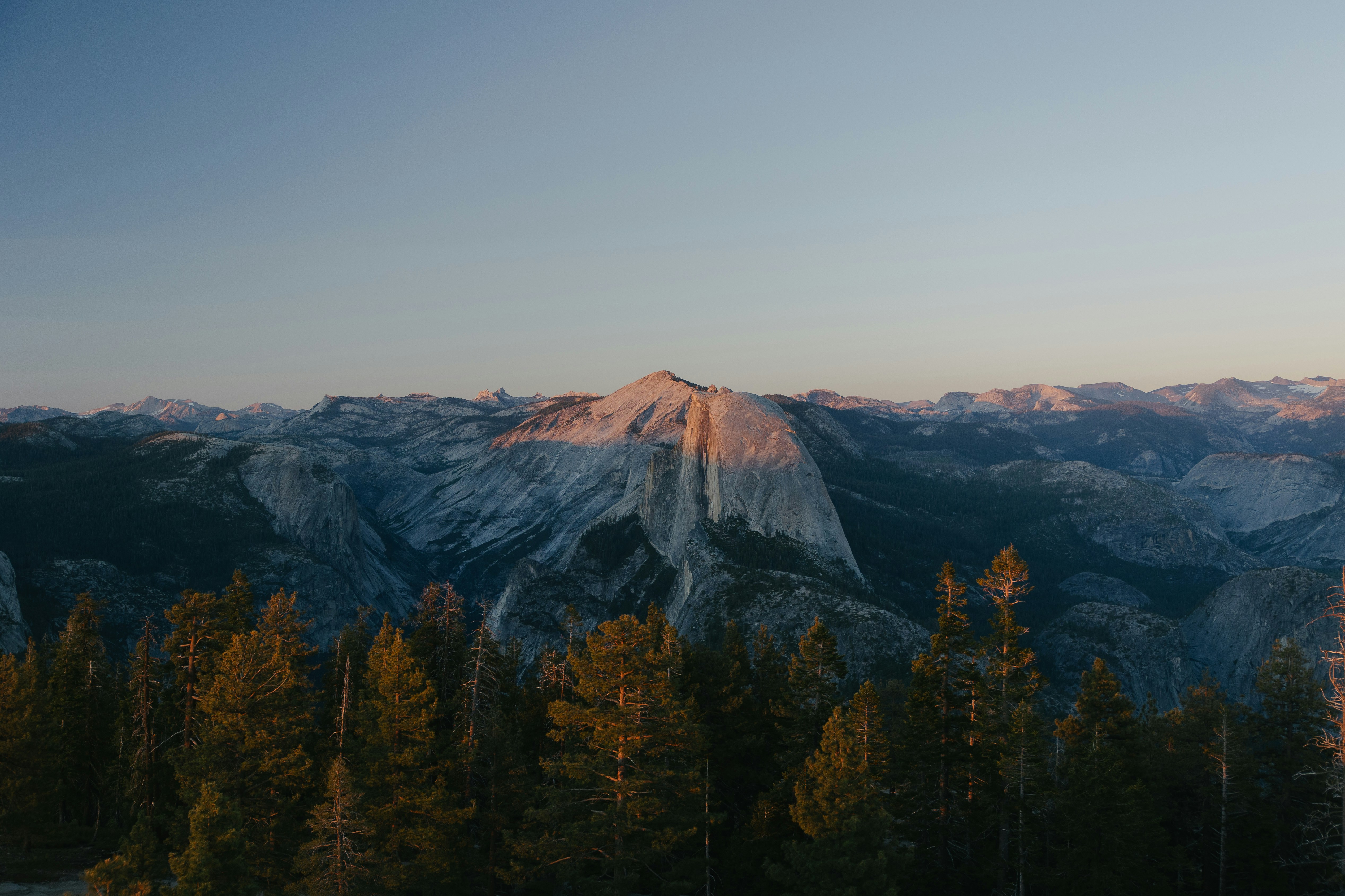 Half Dome Mountain At Sunset With Pine Trees. HD mobile wallpaper