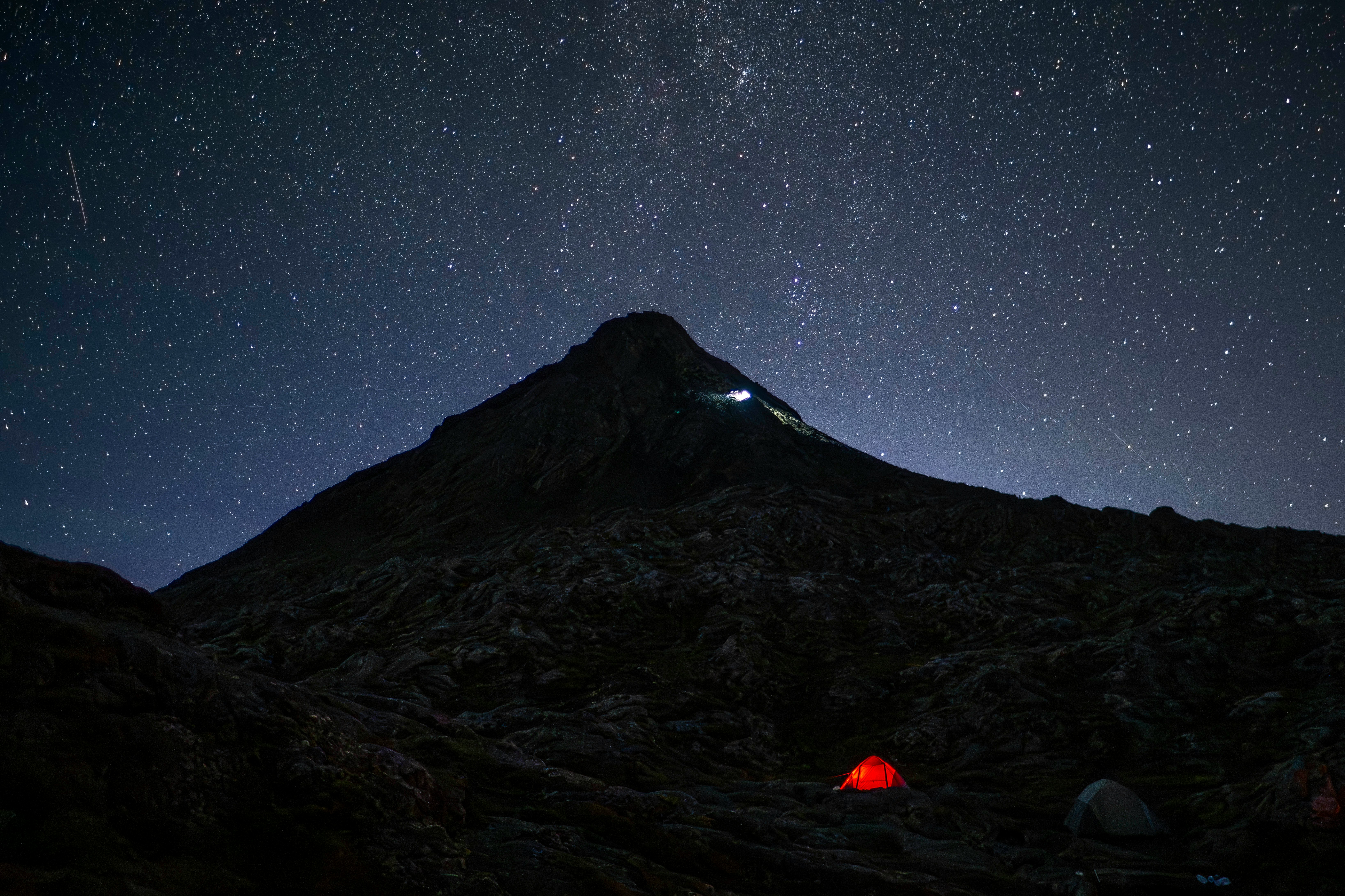 Red Tent And Dark Mountain Under A Starry Night Sky. HD mobile wallpaper