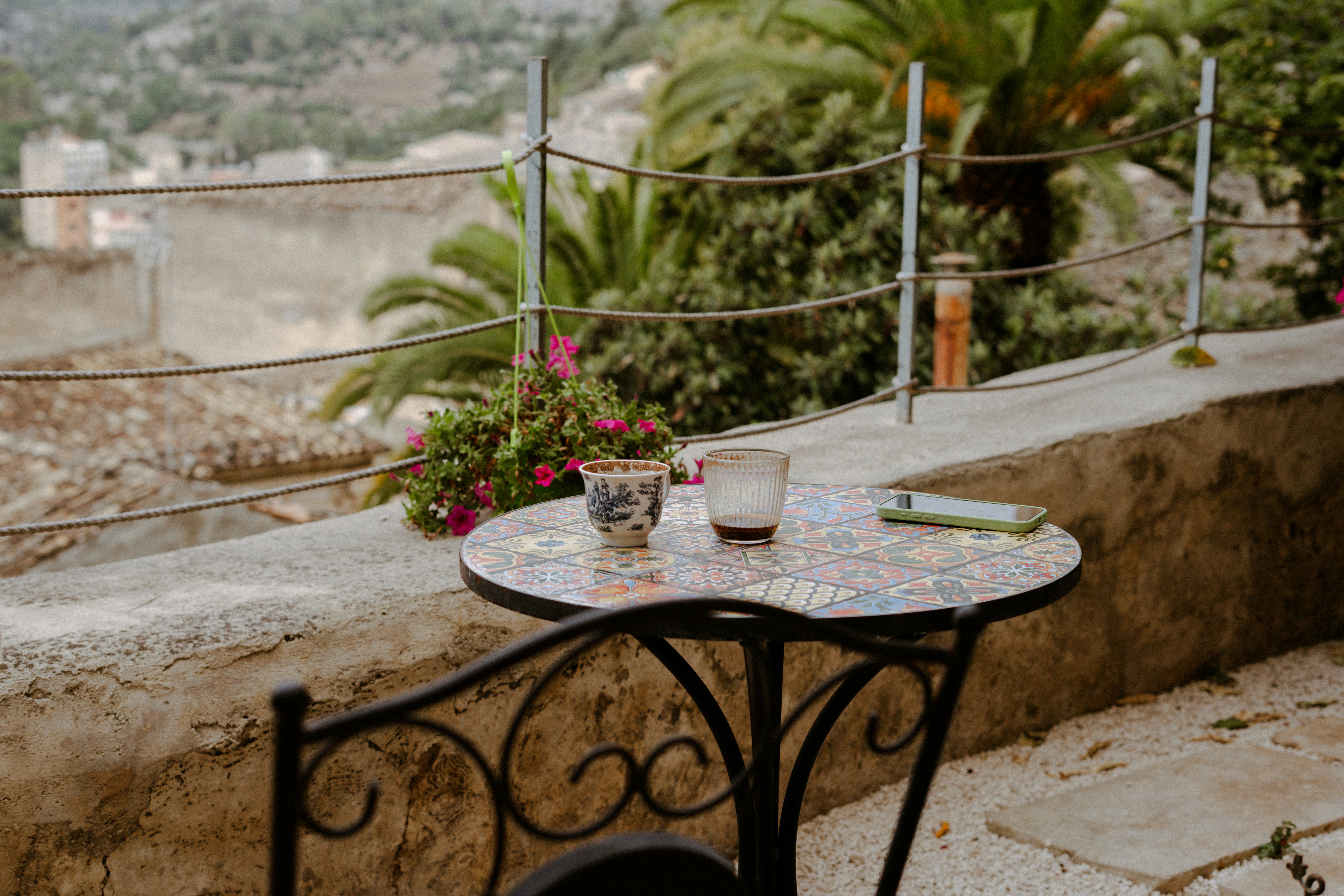 Mosaic Table And Chair On A Sunny Balcony HD mobile wallpaper