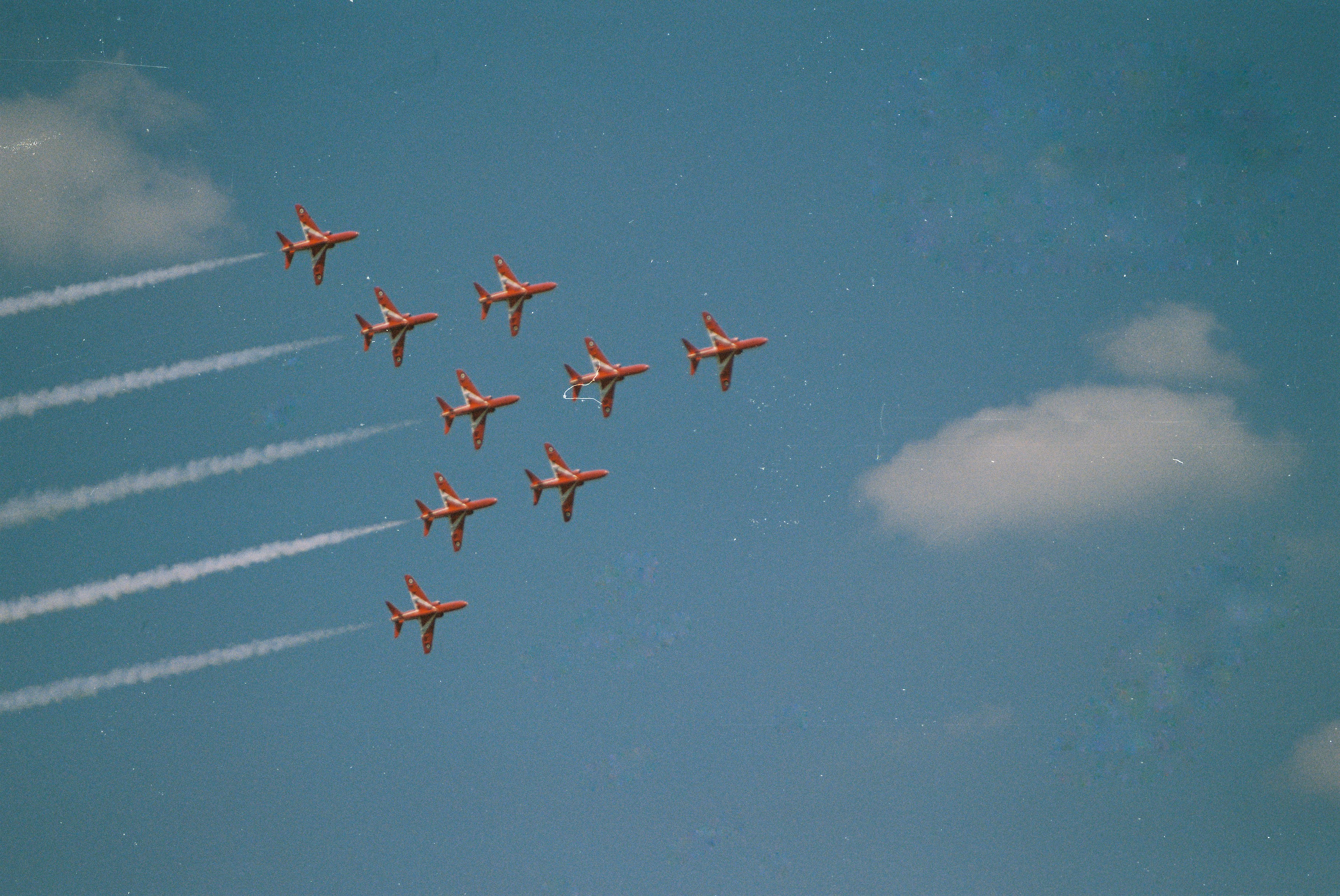 Nine Red Jet Planes Flying In A Precise Formation. HD mobile wallpaper
