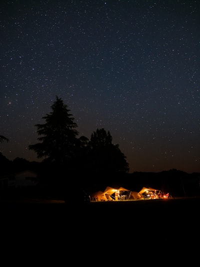 Illuminated Tents Under A Starry Night Sky With Trees. wallpaper preview