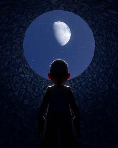 Dark Silhouette Gazes At Crescent Moon Through Circular Opening. wallpaper preview