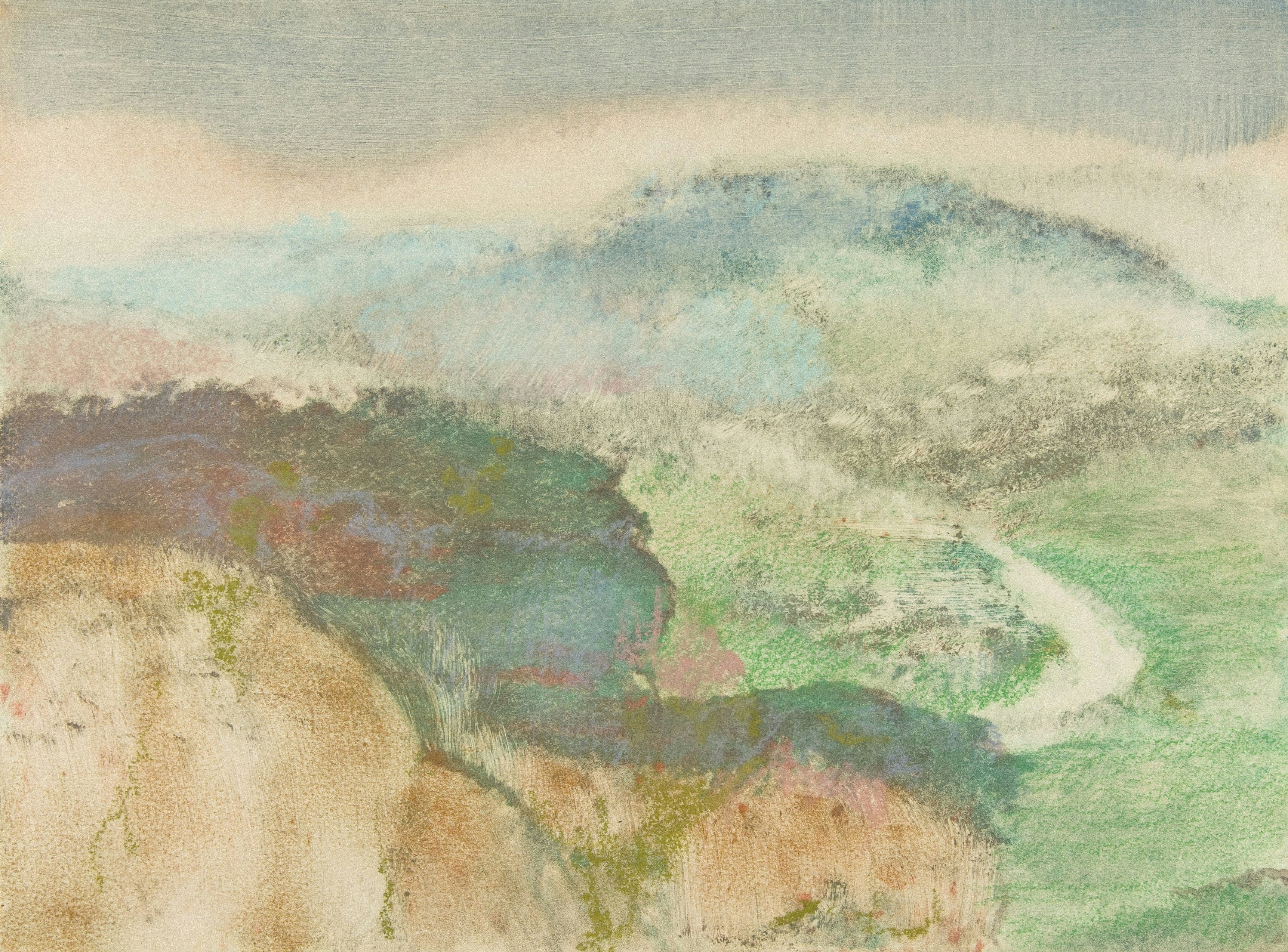 Title: Landscape,Artist: Edgar Degas (French, Paris 1834–1917 Paris),Date: 1892,Medium: Monotype In Oil Colors, Heightened With Pastel,Dimensions: Sheet: 10 X 13 3/8 In. (25.4 X 34 Cm),Classification: Prints,Credit Line: Purchase, Mr. And Mrs. Richard J. Bernhard Gift, 1972,Object Number: 1972.636,Curatorial Department: Drawings And Prints. Http://www.metmuseum.org/art/collection/search/359362 HD mobile wallpaper