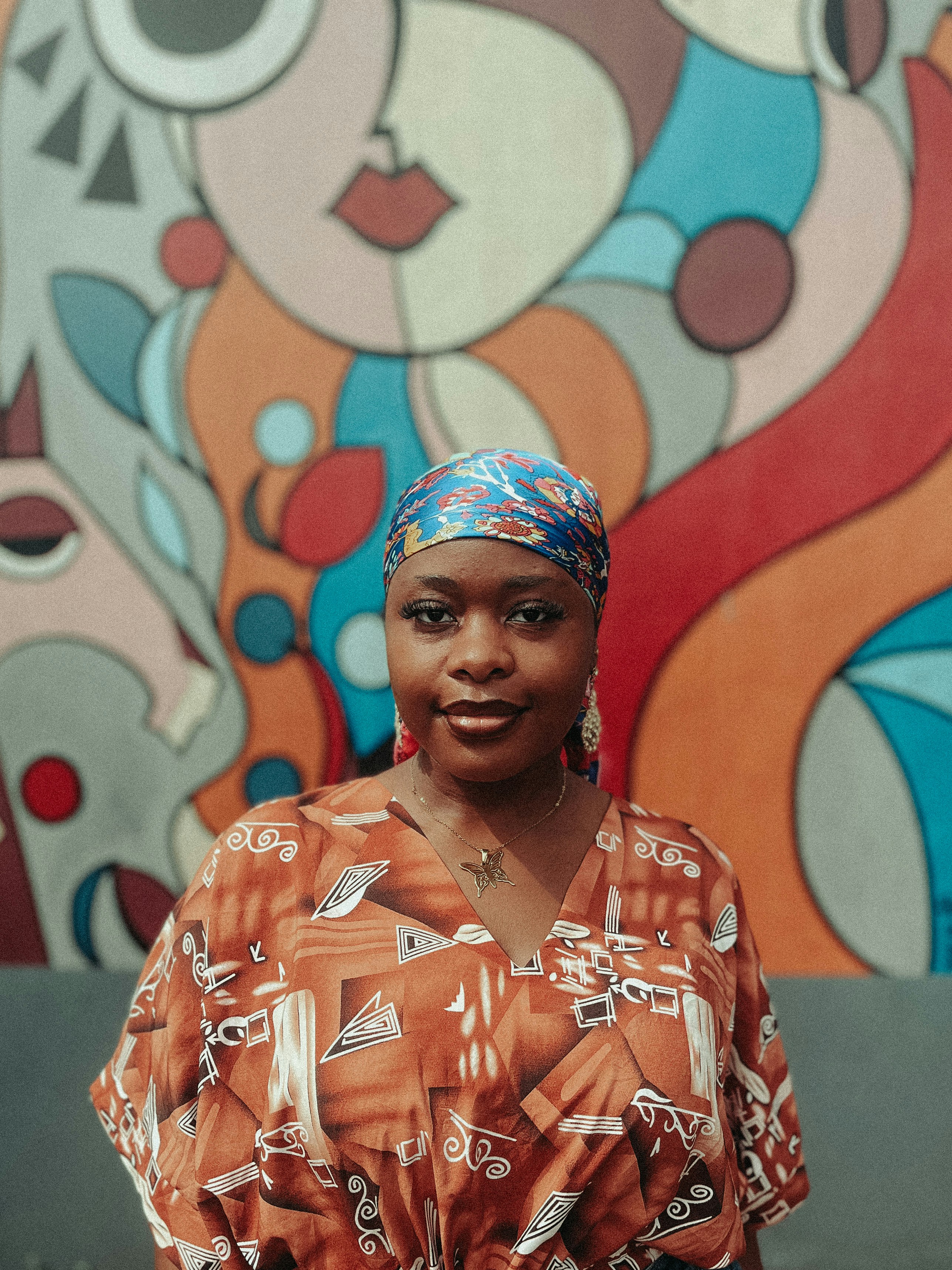 Woman In Colorful Headscarf And Patterned Dress HD mobile wallpaper