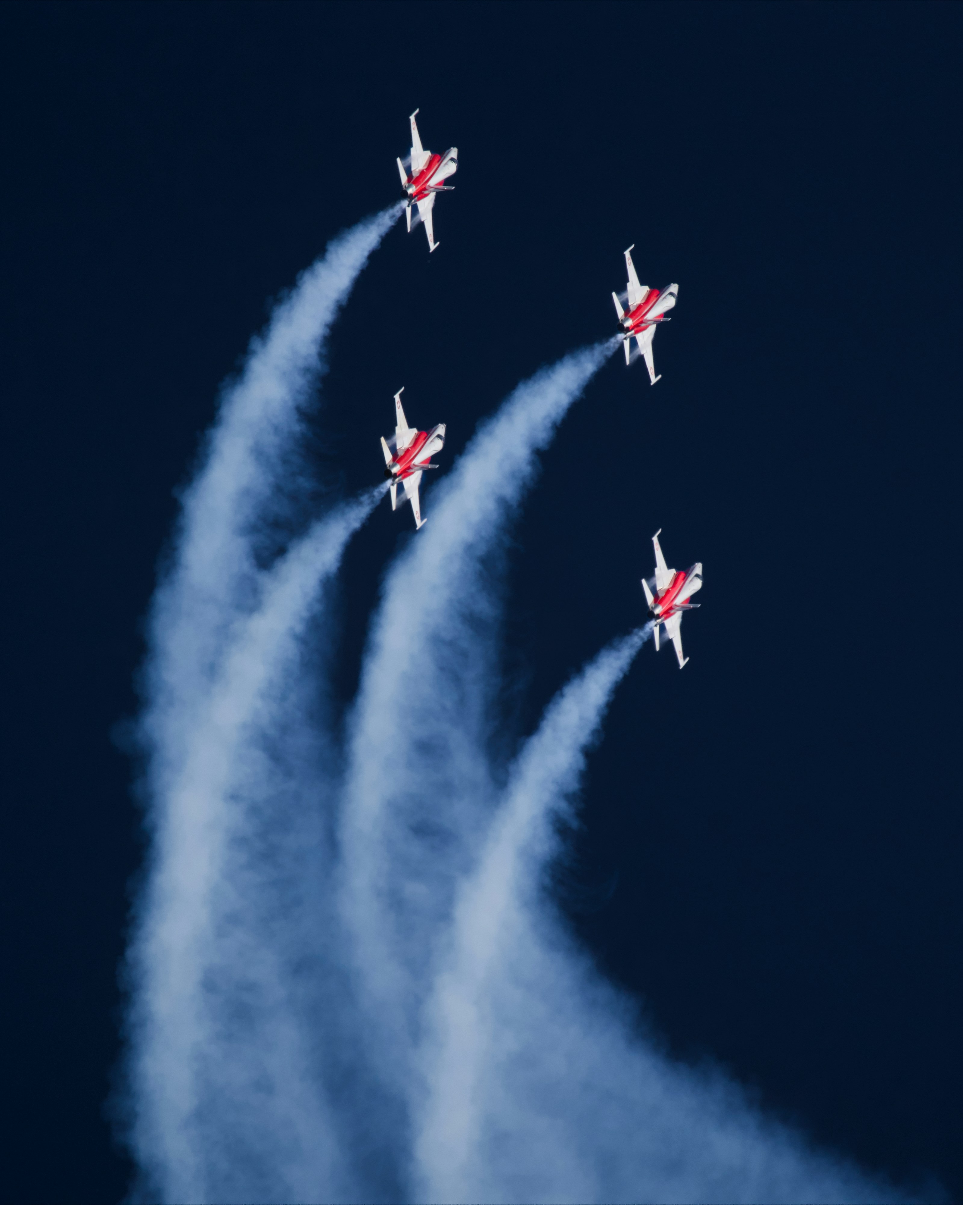Five Fighter Jets Flying With Smoke Trails In Dark Sky. HD mobile wallpaper
