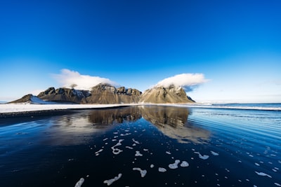 冬日海滩上的水面映照雪满山峦壁纸预览