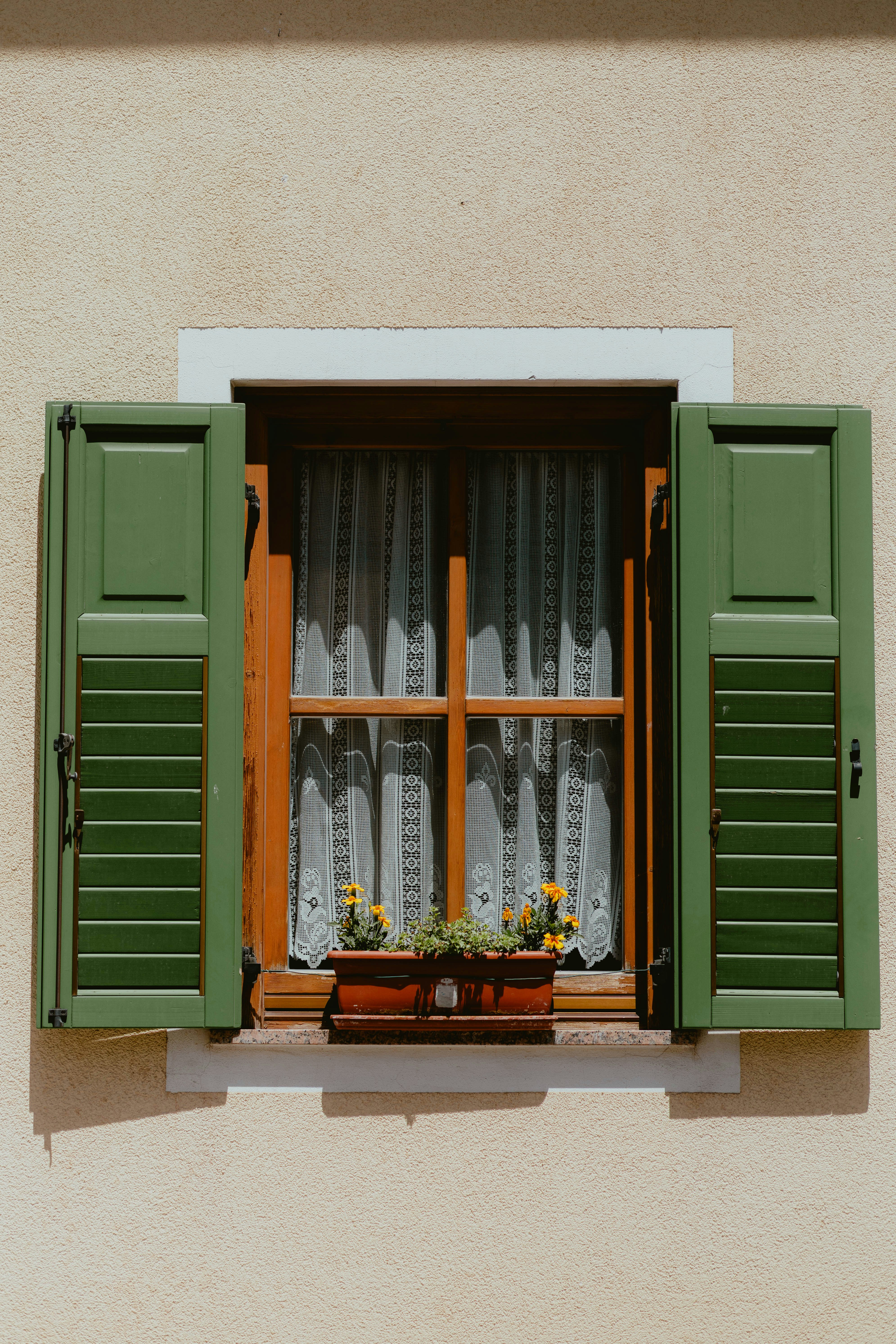 A Window With Open Green Shutters And A Flower Box. HD mobile wallpaper
