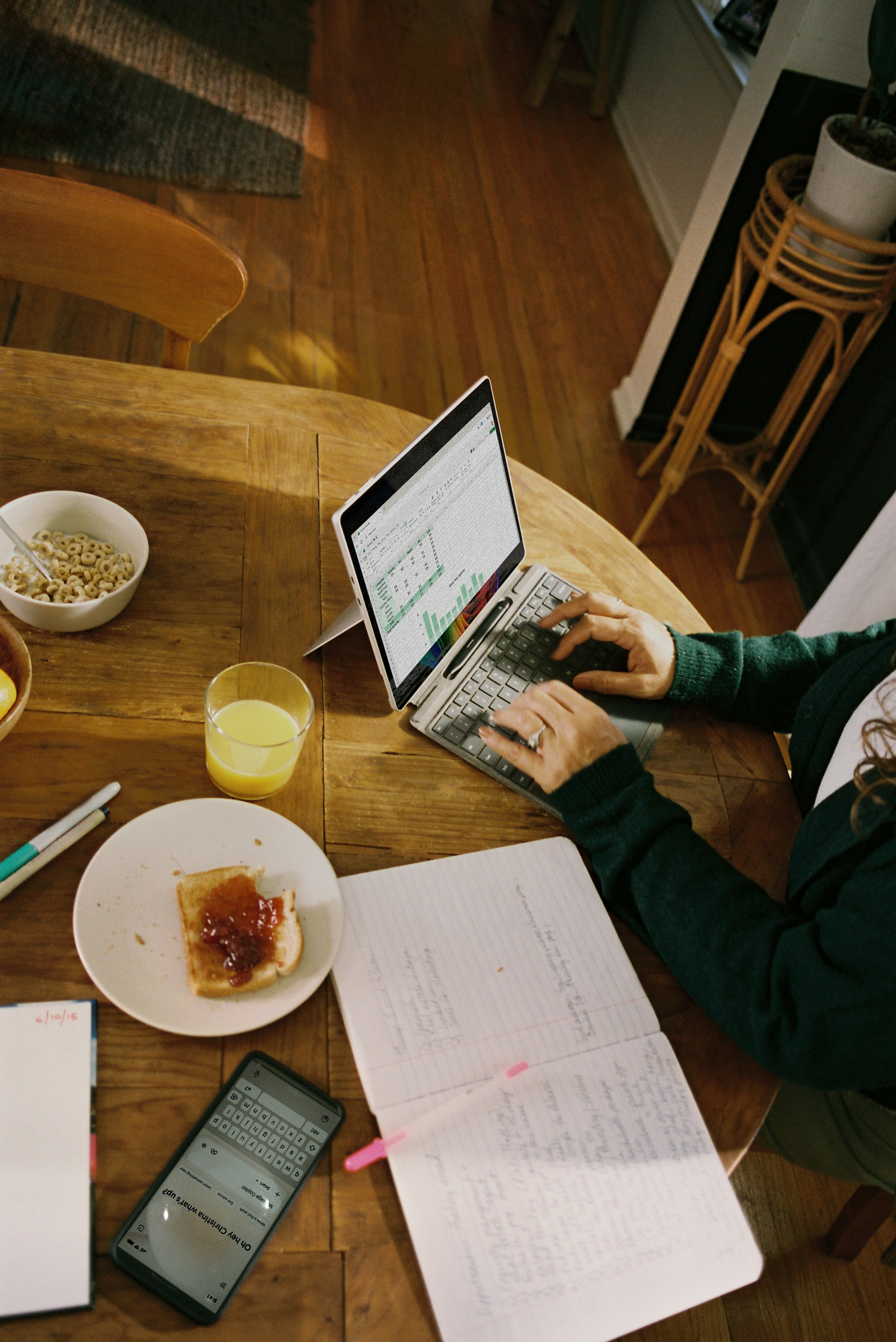 Person Working On Laptop At Wooden Table With Breakfast. HD mobile wallpaper