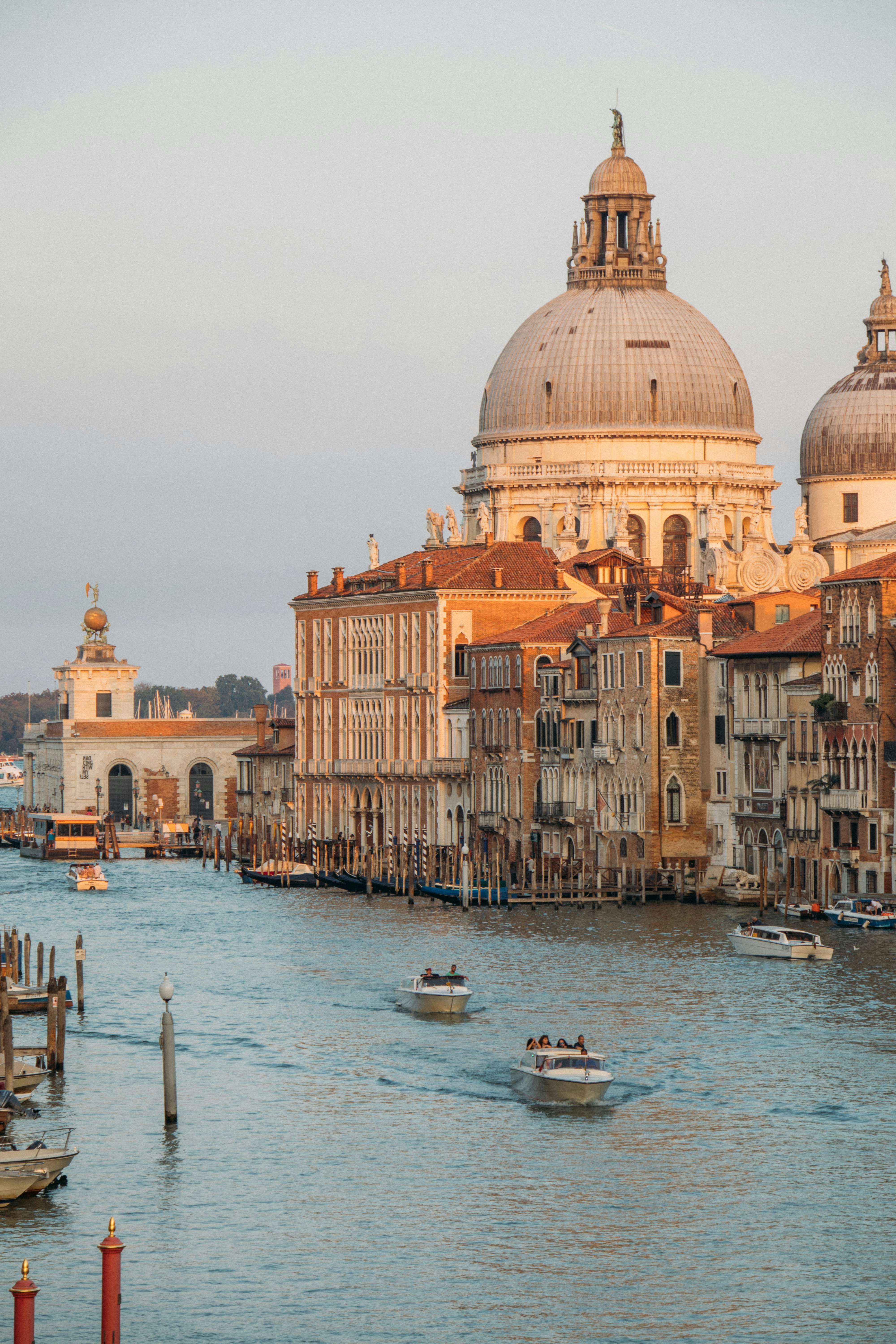 Venice Canal With Historic Buildings, Boats, And A Grand Dome. HD mobile wallpaper
