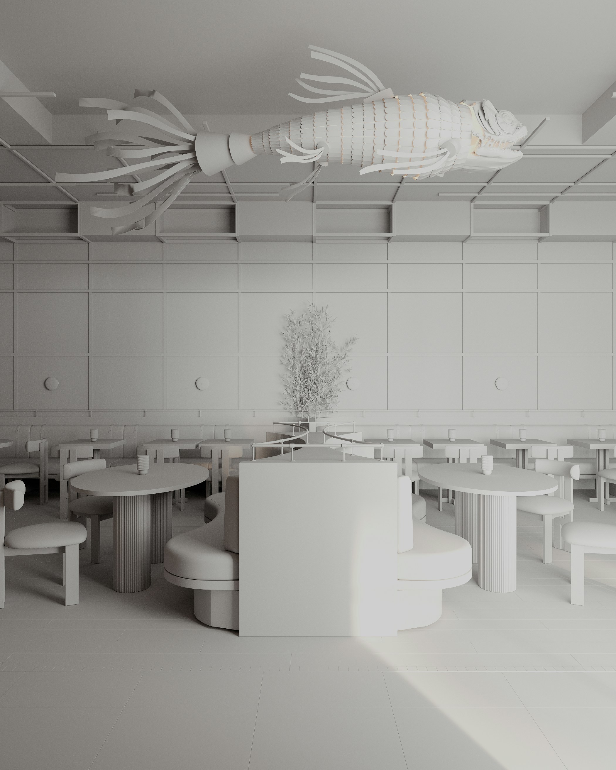 3D Clay Render Of A Conceptual Restaurant Interior Featuring A Large Sculptural Crustacean Ceiling Installation, Ribbed Pedestal Tables, And An All-white Minimalist Palette. Interior Visualization Showcasing Form And Spatial Composition. HD mobile wallpaper