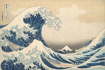 风卷大浪，波涛汹涌，巨大的波浪在日本的风景画中，浮世绘大师北斋画作