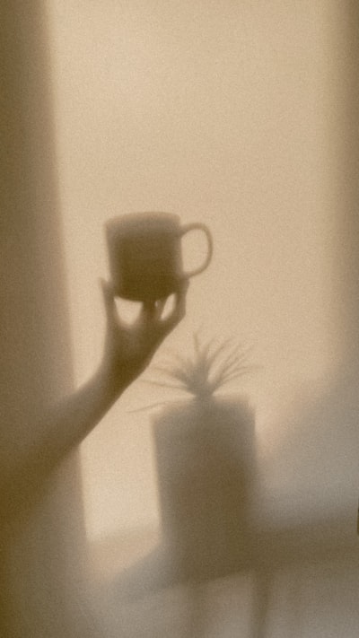 Warm Shadows Of A Hand, Mug, And Potted Plant. wallpaper preview