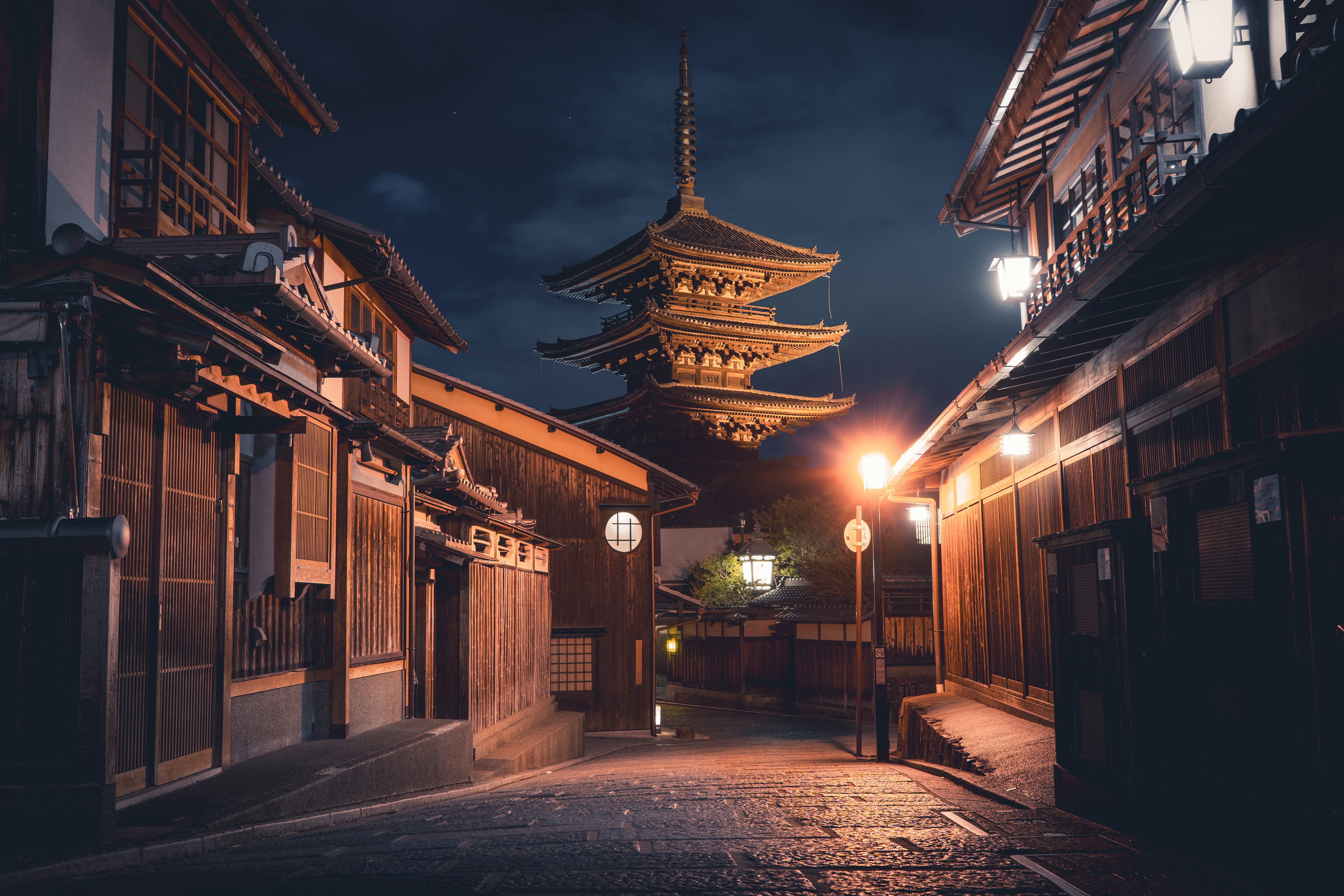 Traditional Japanese Street With Pagoda At Night HD mobile wallpaper
