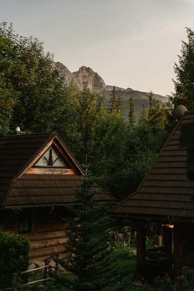 Wooden Cabins With Dark Shingled Roofs Nestled In A Forest Below Rocky Mountain Peaks wallpaper preview