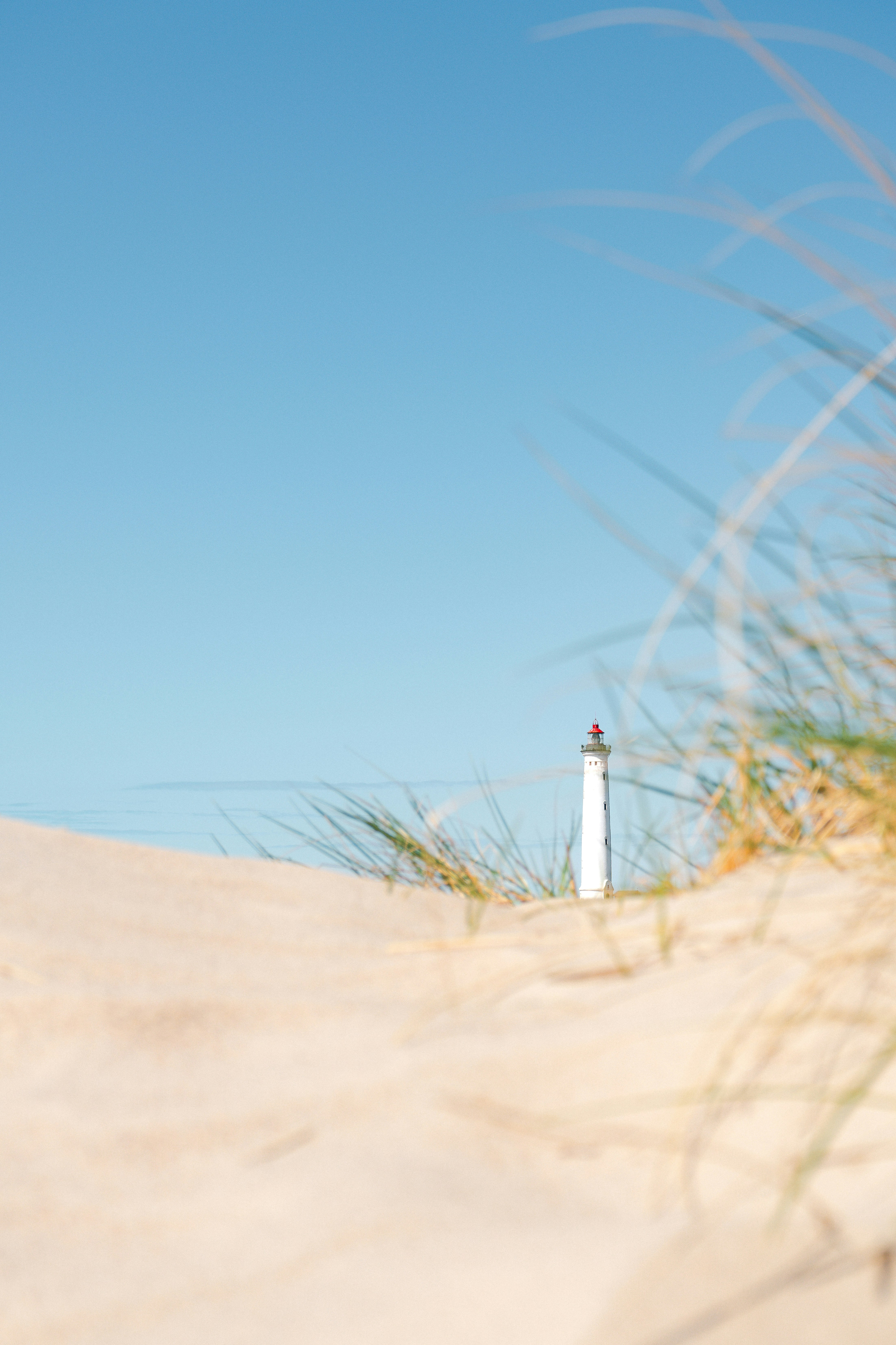 A White Lighthouse Behind Sand Dunes With Tall Grass Under A Clear Sky HD mobile wallpaper