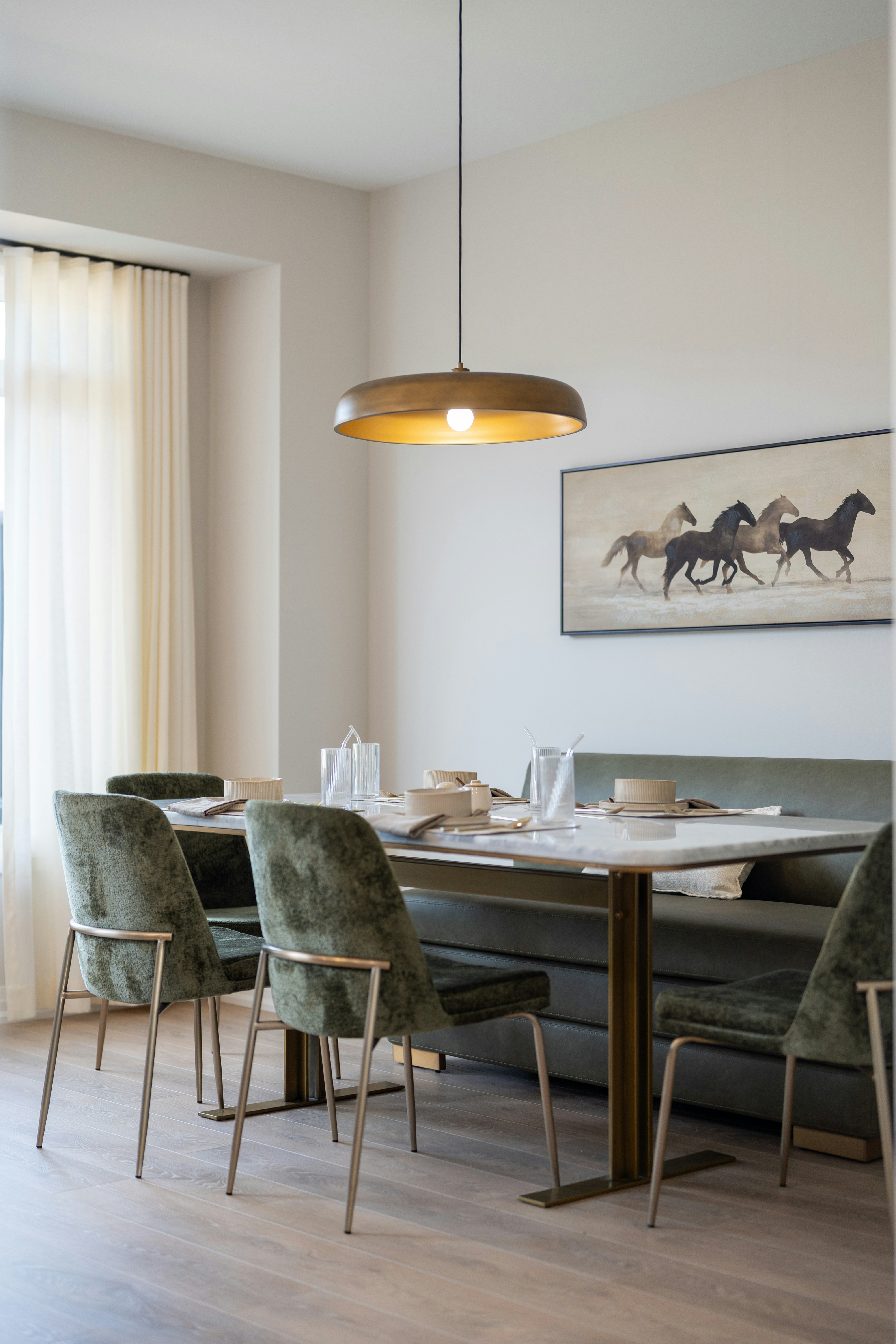 A Dining Table With Green Velvet Chairs And A Bench In A Sunlit Room HD mobile wallpaper