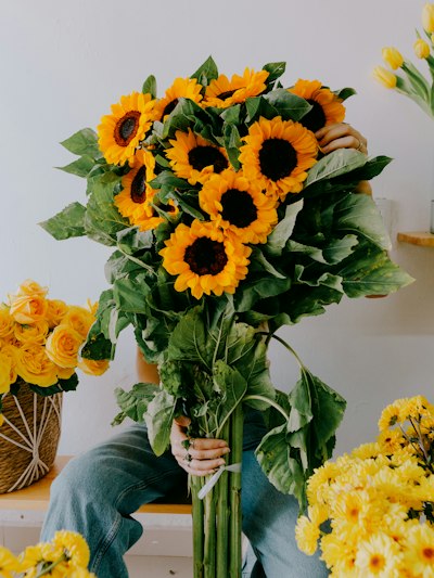 A Person Holding A Large Bouquet Of Sunflowers In Front Of Their Face wallpaper preview