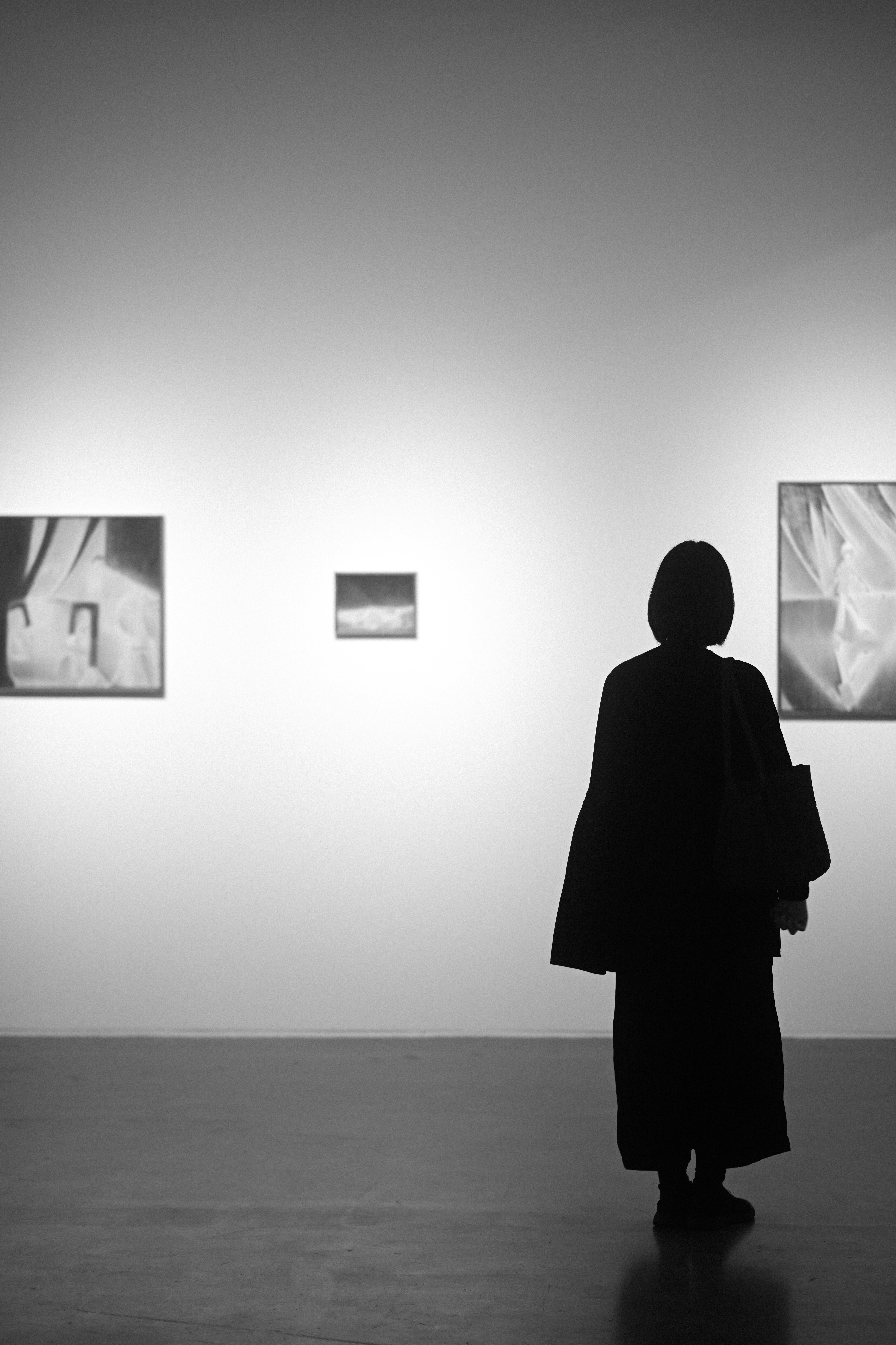 A Person In Silhouette Viewing Framed Artwork On A White Gallery Wall HD mobile wallpaper