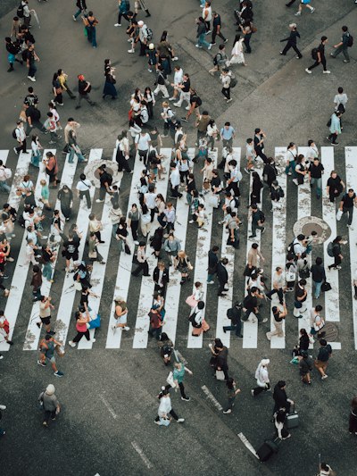 A Large Group Of People Crossing A Wide Pedestrian Crosswalk In A City wallpaper preview