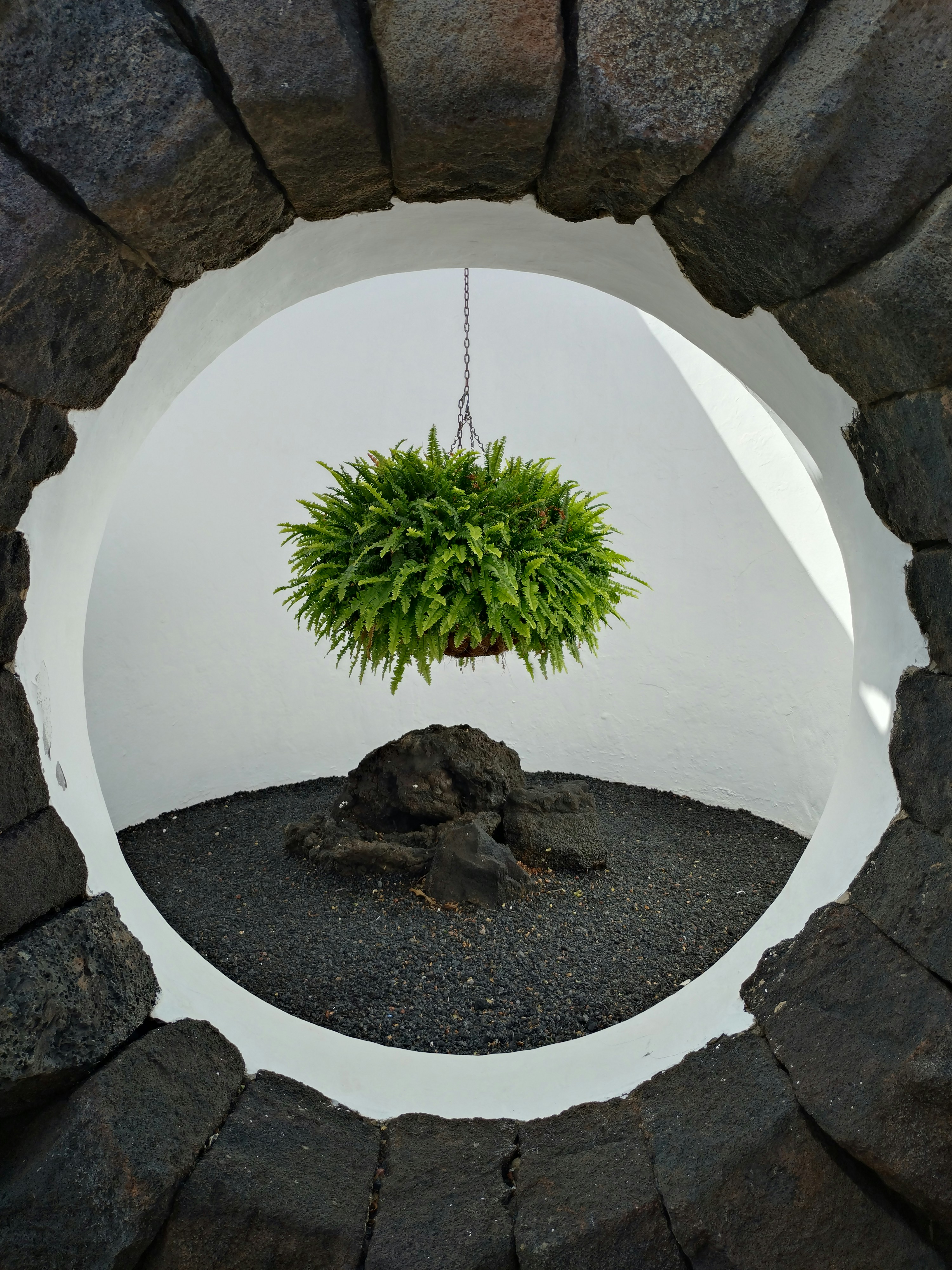 An Artistic Prelude. The Backstage Walkway At Jameos Del Agua, Where César Manrique Integrated Asymmetric Stone Windows So Artists Could Connect With The Beauty Of Hanging Ferns Just Moments Before Entering The Volcanic Stage. HD mobile wallpaper