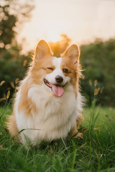 Fluffy Long-haired Corgi Winks Playfully While Sitting On Lush Green Grass. Warm Sunset Backlight Wraps Around The Dog, Creating Soft Golden Rim Light. Natural Outdoor Scene Full Of Joyful And Gentle Vibes. wallpaper preview