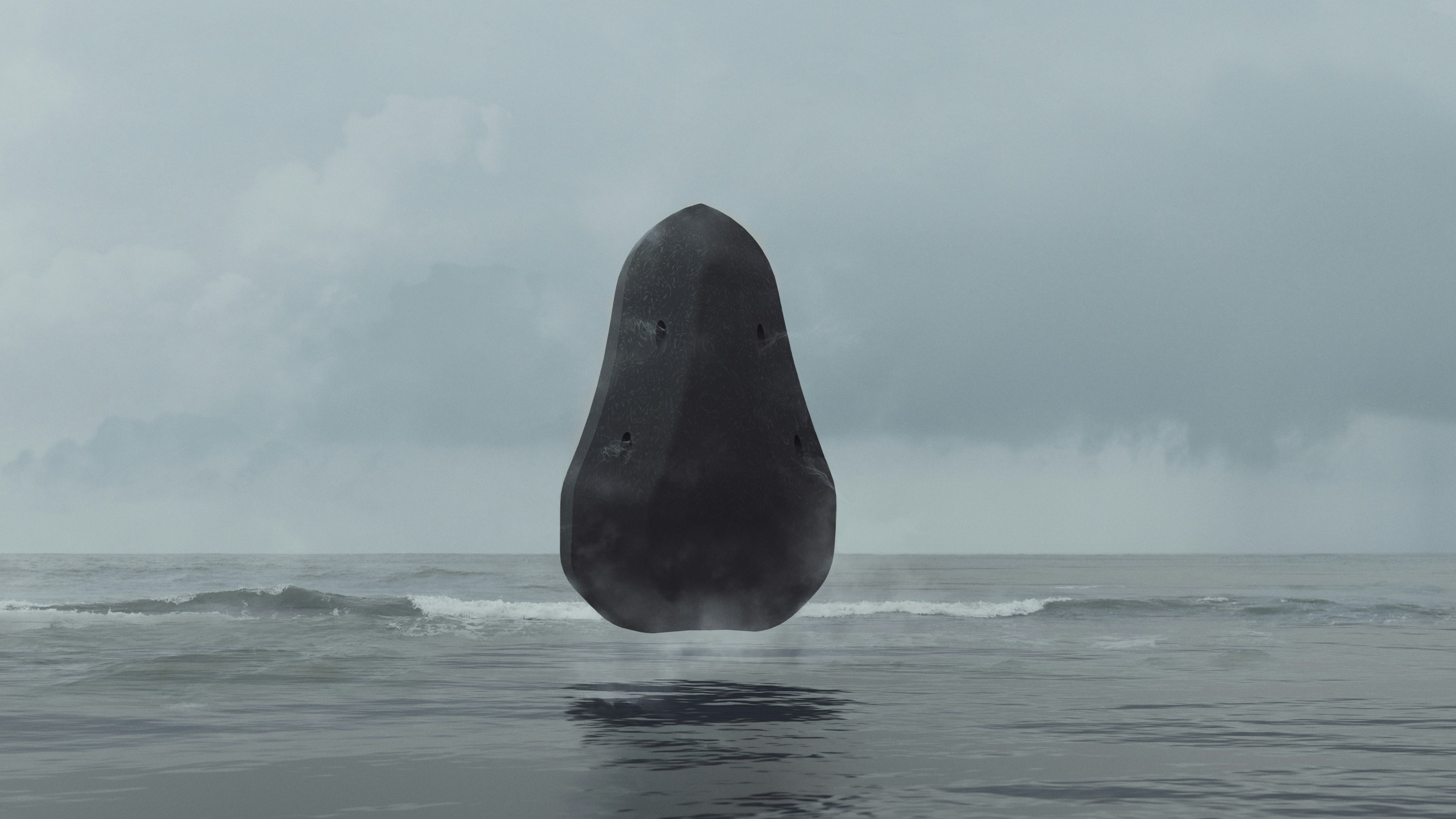A Mysterious, Dark Monolith Hovers Above A Turbulent Ocean Under A Moody, Overcast Sky, Creating A Surreal And Cinematic Atmosphere, 3D Render Blender. HD mobile wallpaper