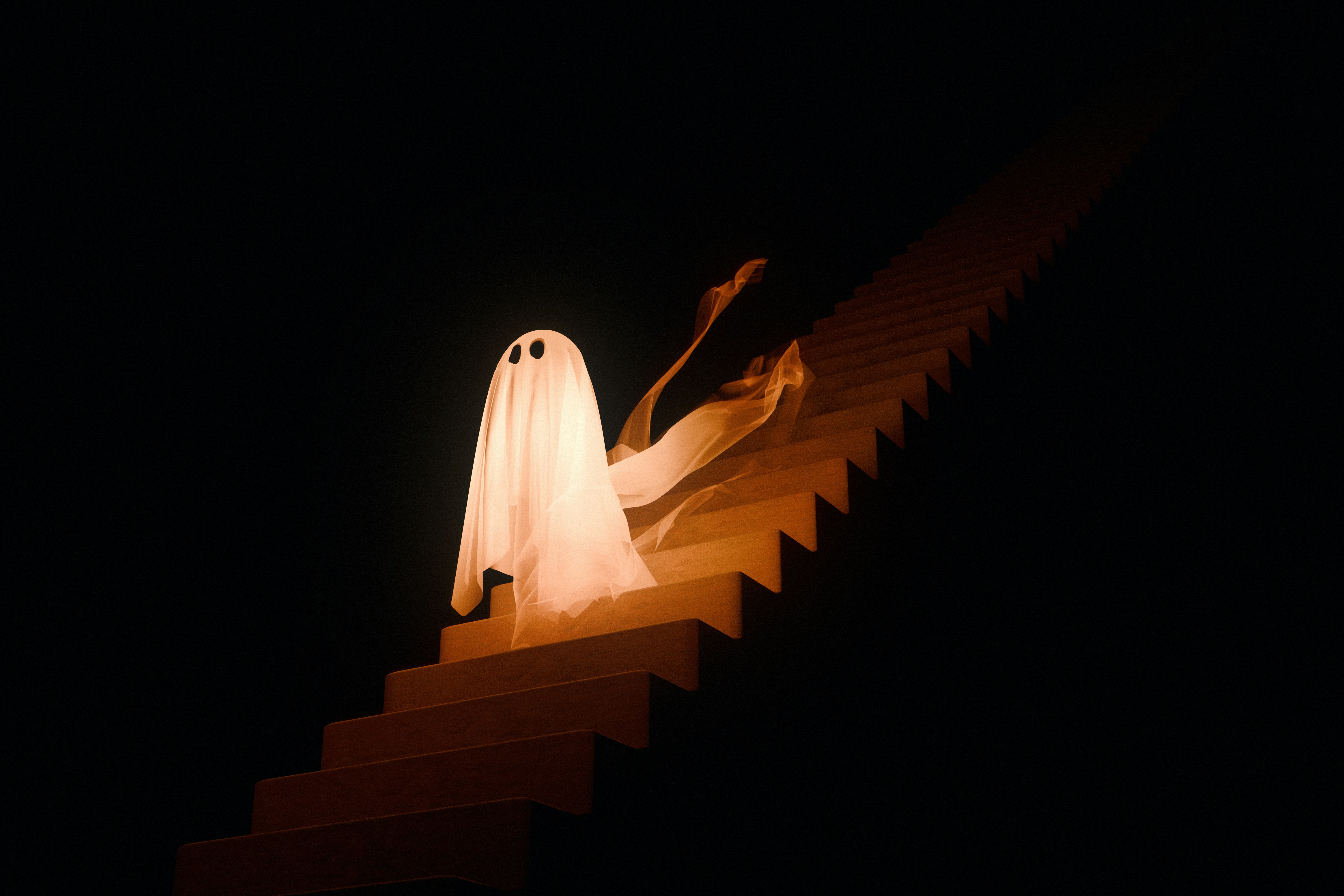 A Glowing White Ghost Figure On A Staircase Against A Dark Background HD mobile wallpaper