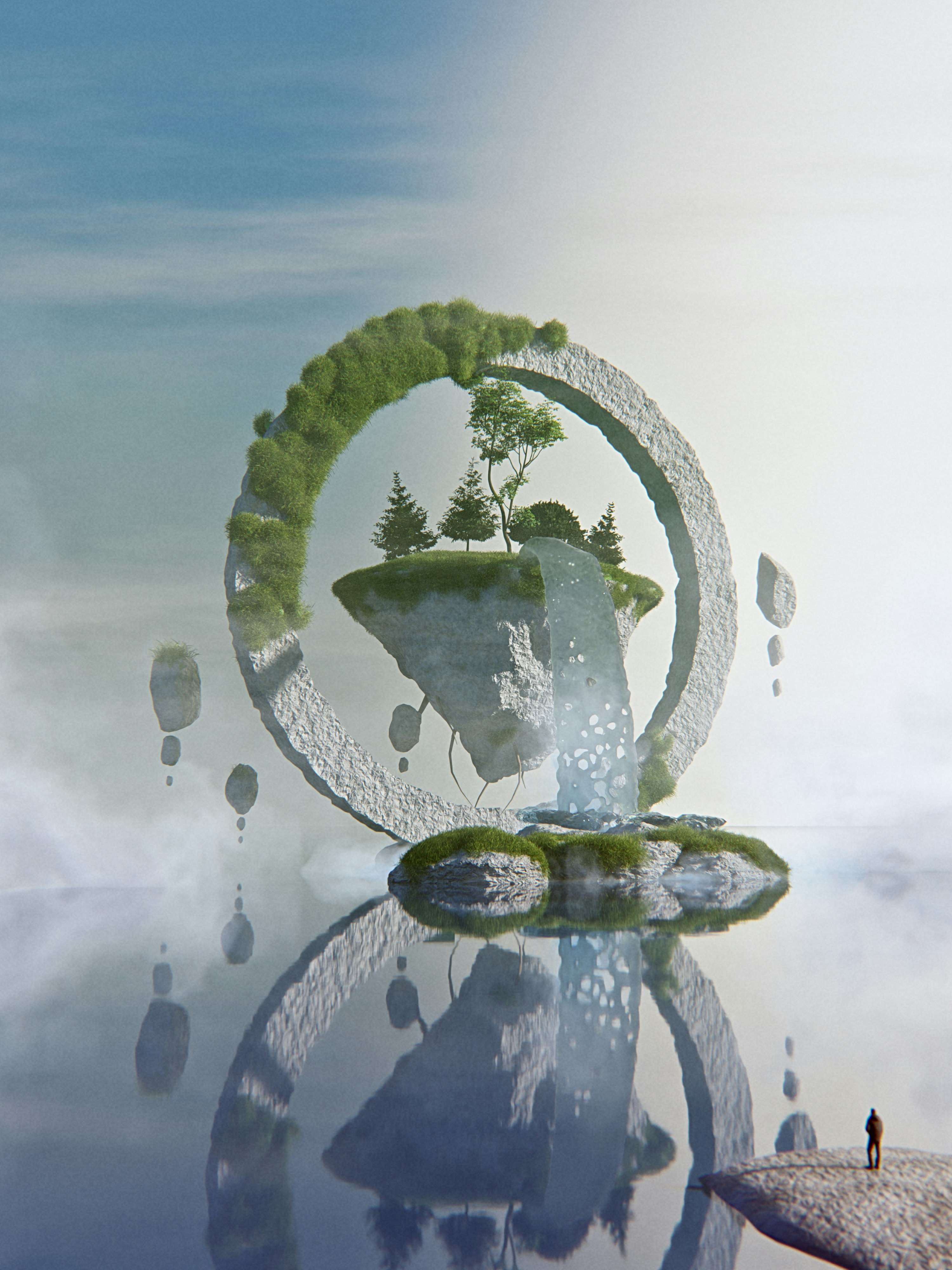 The Quiet Beyond, A Surreal Floating Island Surrounded By A Monumental Stone Ring, Cascading Waterfalls, And Scattered Rock Formations Above A Reflective Sea Of Mist. Small Trees And Lush Greenery Bring Life To The Otherworldly Landscape, While A Solitary Figure Emphasizes The Immense Scale And Quiet Atmosphere. This Dreamlike 3D Render Explores The Relationship Between Nature, Architecture, Isolation, And The Sublime. HD mobile wallpaper