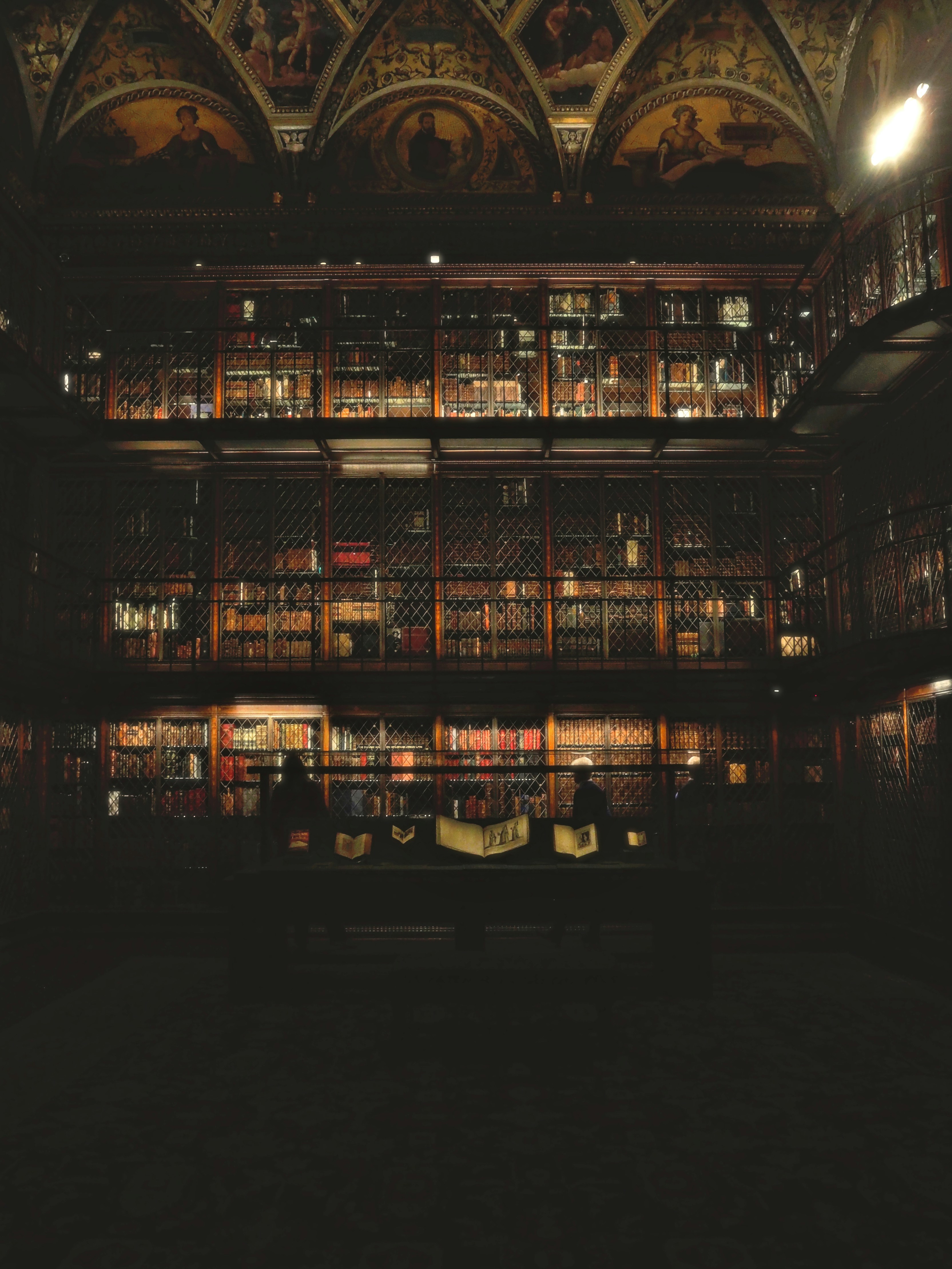 古典華麗圖書館多層木書格暖燈手機桌布高清圖片