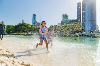 Man-made Beach And Lagoon On The Edge Of The Brisbane River With City Backdrop. Location: Streets Beach At South Bank Parklands, South Brisbane, Brisbane wallpaper preview