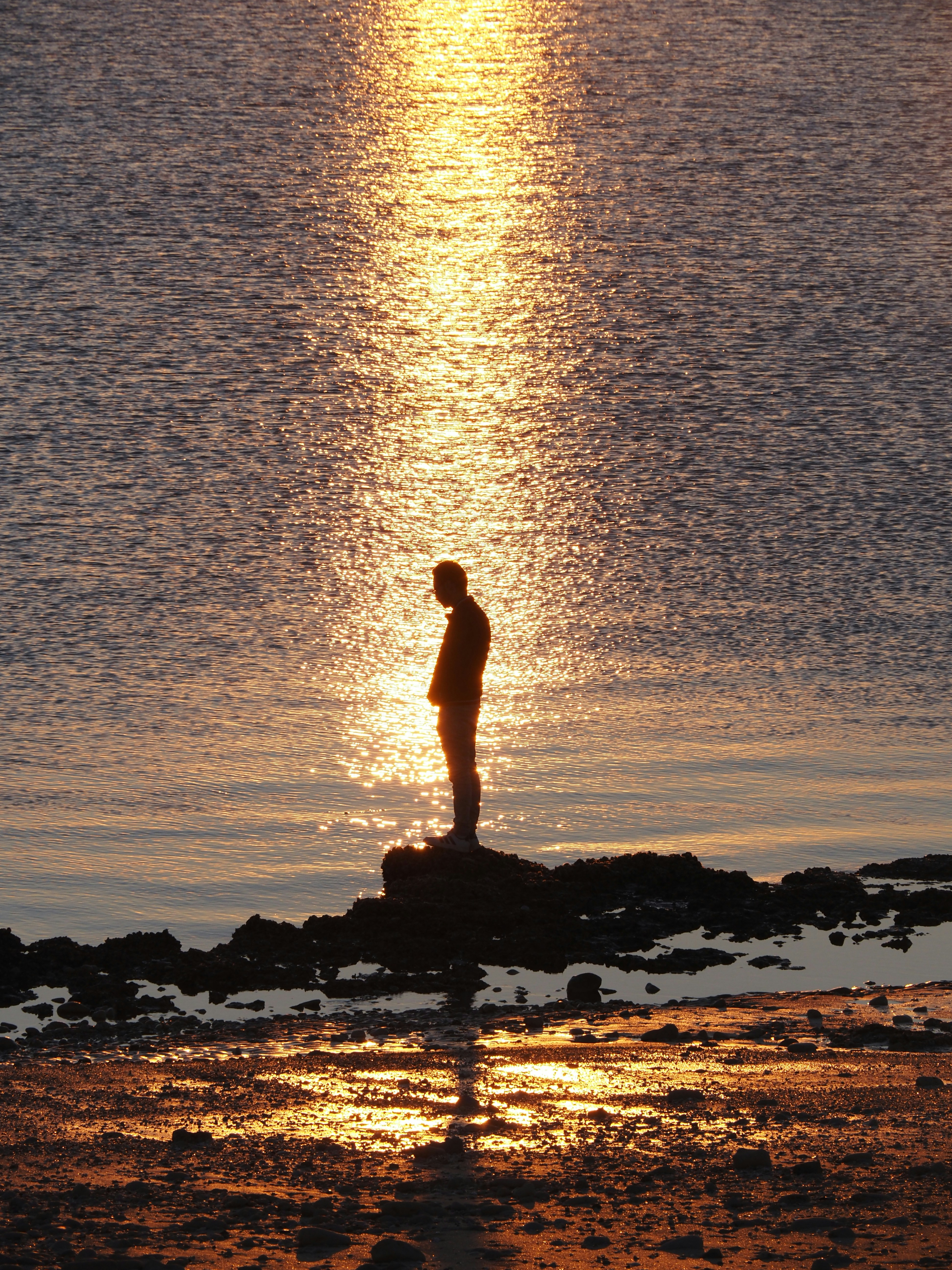 A Person In Silhouette On A Rocky Outcrop Against Shimmering Water At Golden Hour HD mobile wallpaper