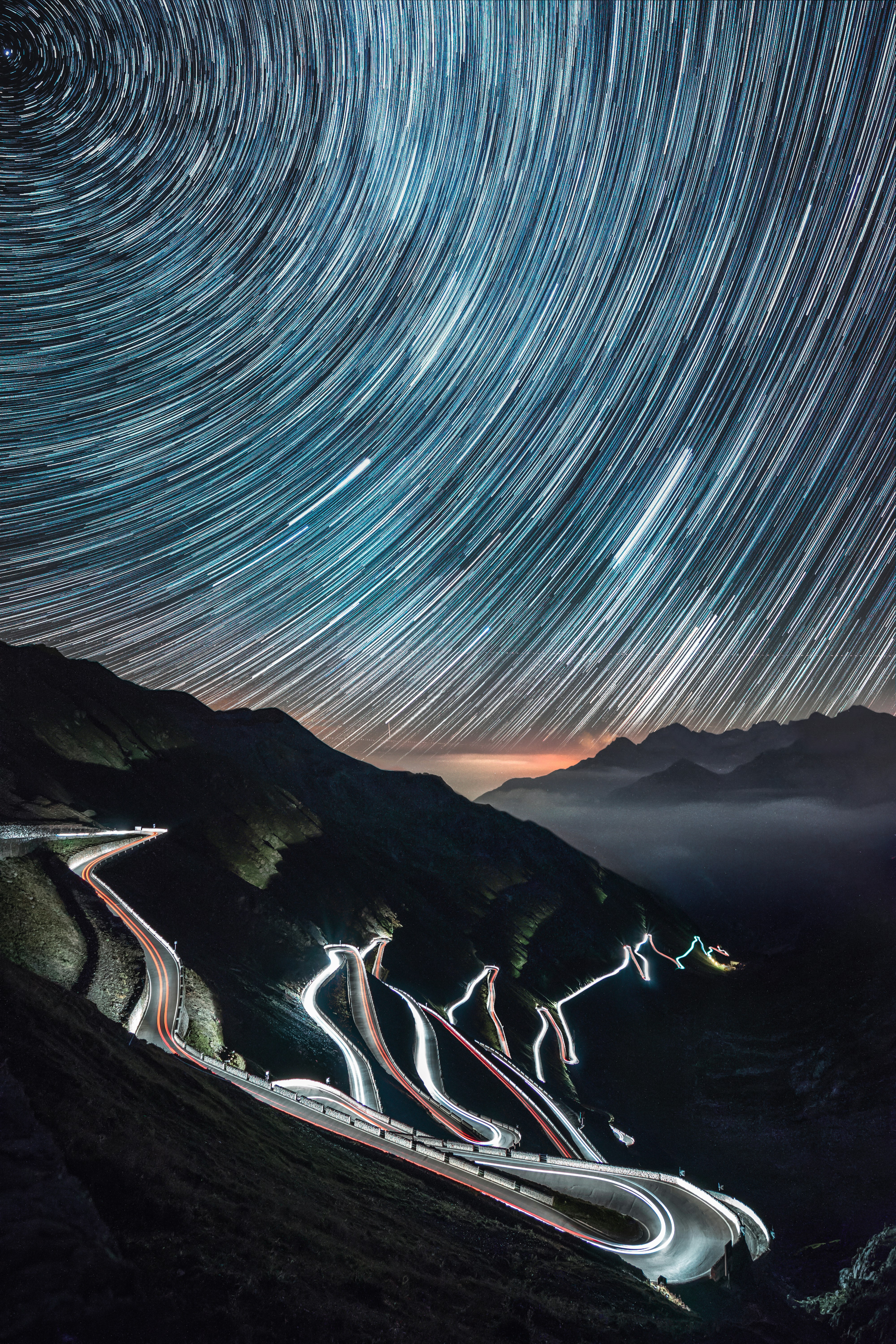One Night Adventure In The Beautiful Passo Dello Stelvio In North Of Italy, Over 30 Road Bends, 18 Shots Of 30 Seconds For The Car Lights On The Road And 1 Hour Timelapse For The Startrail. HD mobile wallpaper